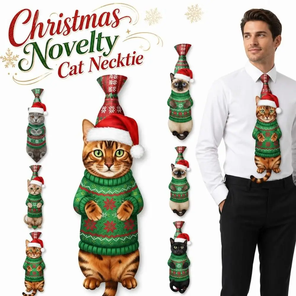 Cat Printed Christmas Novelty Necktie Lifelike Satin Fabric Animal Printed Neck Tie Lightweight Fun Party Necktie Party, Holiday