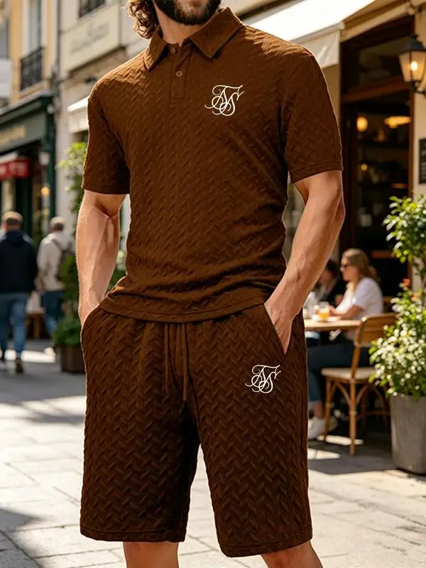 Men's new summer short-sleeved and shorts set with jacquard fabric in multiple colors, lapel loose POLO shirt two-piece set.