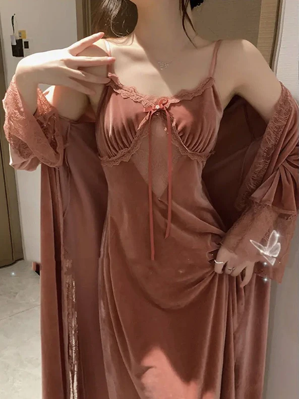 

Large Size 300 Pou Luxury Gold Velvet Lace Trim Csole Sp Dr Women's Nightgown Home Clothes Two-Piece Set Trendy