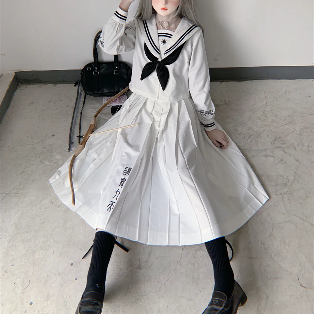 

Original Yuxiao JK orm Long Sve Witch Sailor Suit Set for Women loween Themed Double Color Long Skirt with Kansai C...