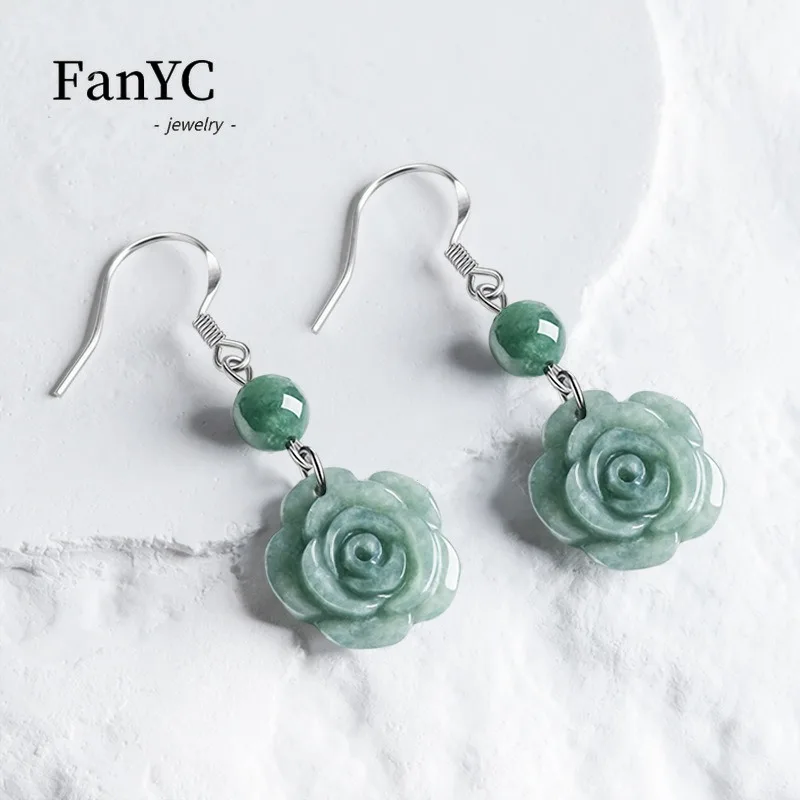 Boucles d'oreilles en argent S925 avec crochet d'oreille pour femme, haricot de jadéite, rose verte, marchandises naturelles authentiques, cadeau de mariage pour les travailleurs, mode de luxe