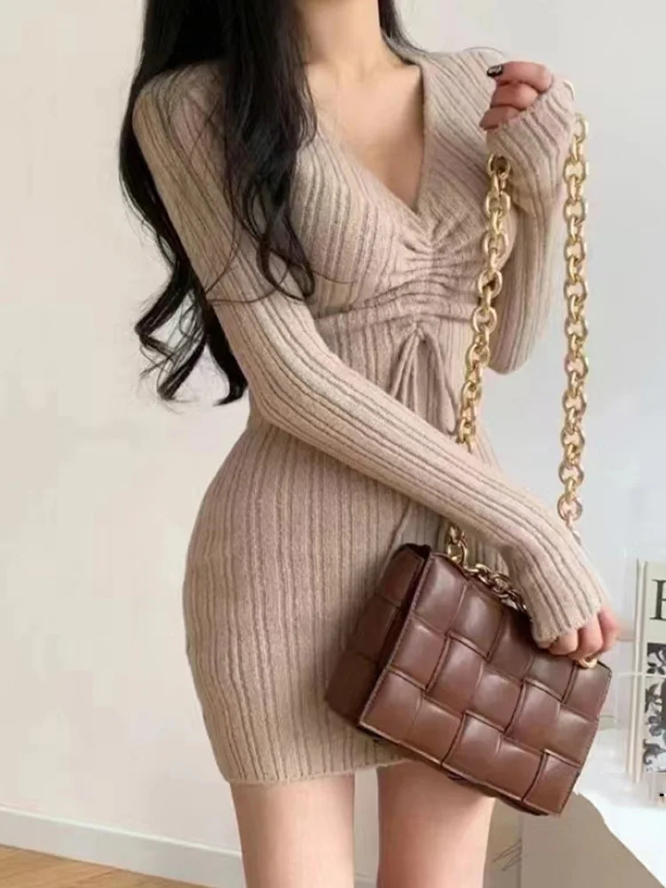 Nieuwe Mode V-hals Gebreide Lange Mouw Corset Jurk voor Vrouwen Herfst Winter Avond Mini Feestjurken Elegante Corset Jurk
