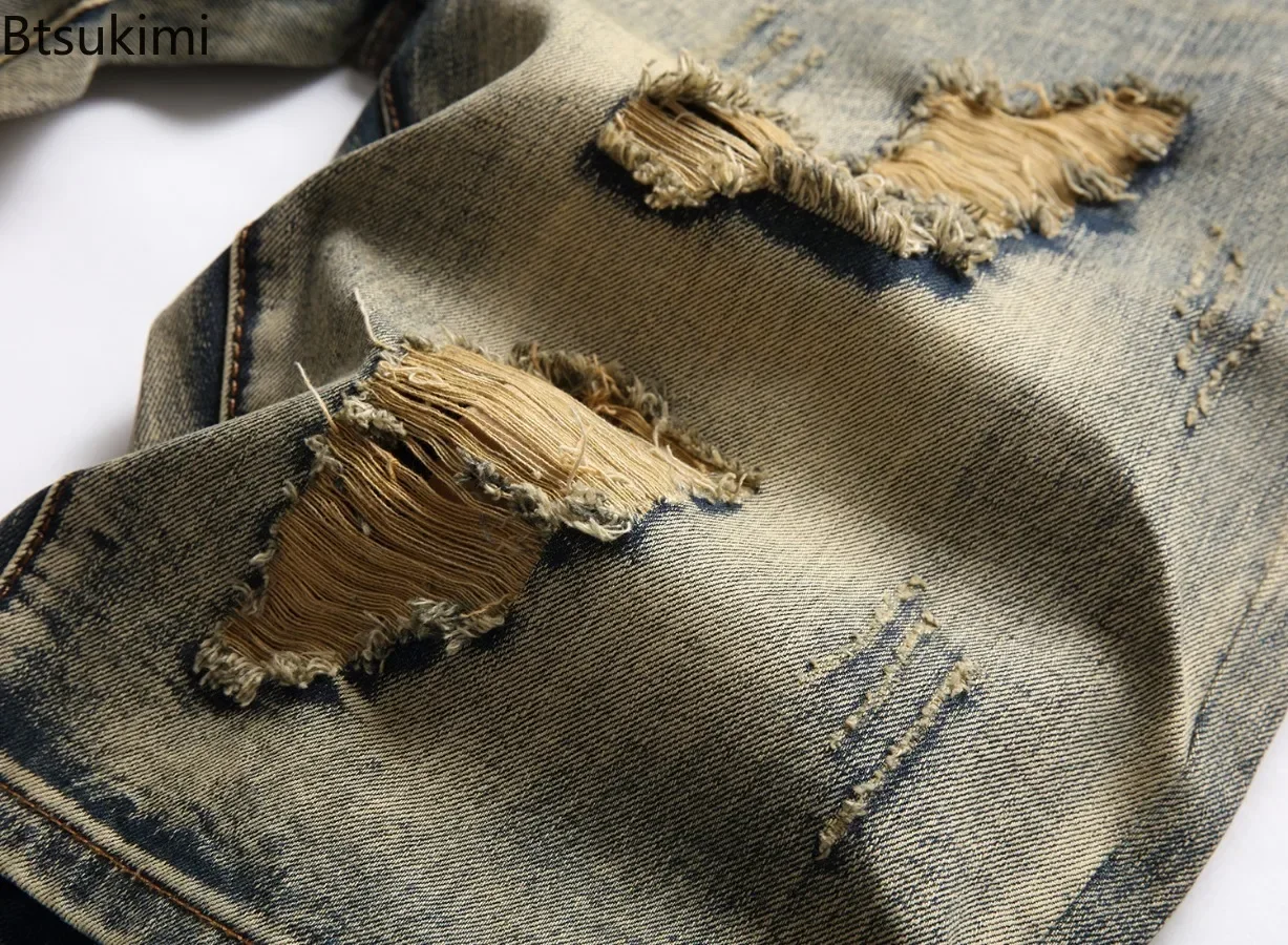 جديد 2025 الرجال الصيف خمر حفرة جينس قصير موضة غسلها القطن تنفس الدنيم السراويل الرجال الشارع الشهير السراويل حجم كبير 42