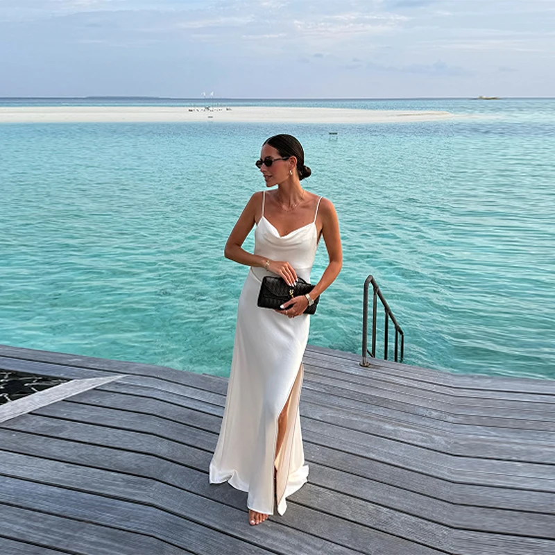 Vestido Largo Elegante de Satén con Cuello en V para Mujer, Sin Mangas, Espalda Descubierta, Abertura Alta, Vestidos Maxi para Vacaciones en la Playa, Nuevos Vestidos de Dama 2026