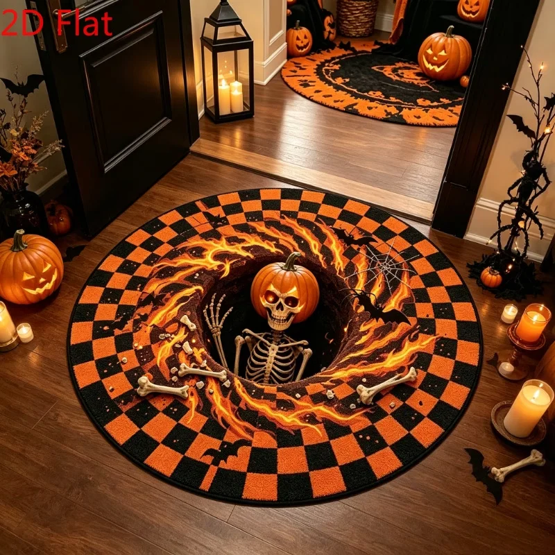 3D Optical Illusion Round Rug Flat Thin Halloween Carpet Skeleton Pumpkin Burning Fire Pattern Area Rug Holiday Party Decor