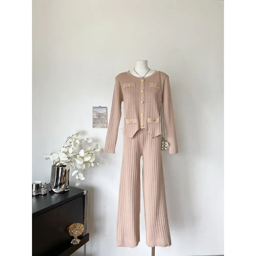 Chic Knitted Two-Piece Sets O-neck Metal Button Long Sleeve Top and High Waist Pants High Street Autumn Winter Elastic Clothing