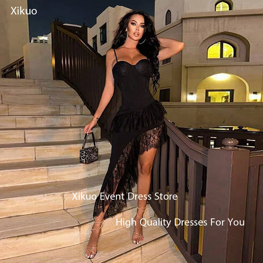 Xikuo sexy preto cetim vestido de baile sereia cinta espaguete vestidos para eventos rendas sem mangas cocatail vestido de noite personalizado
