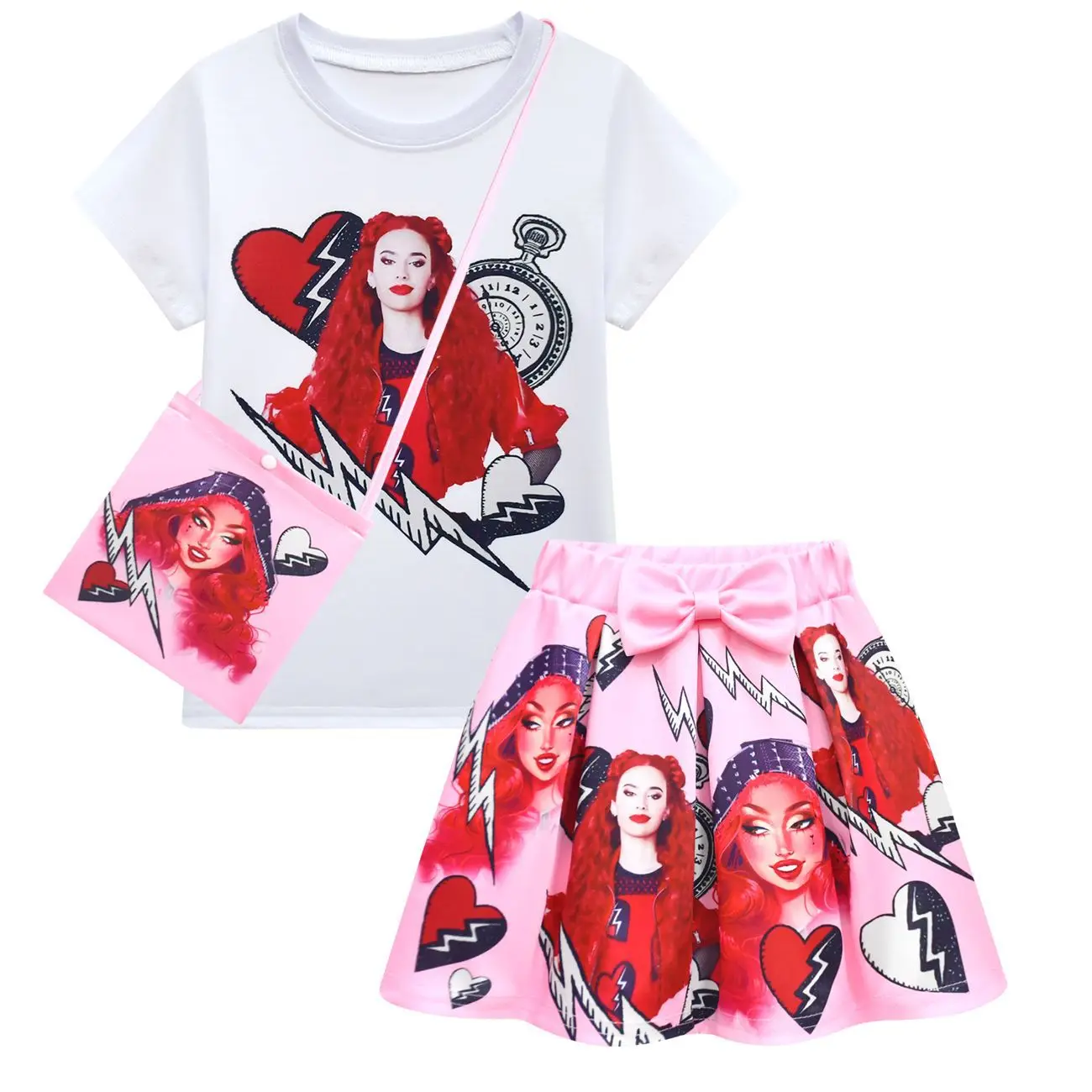 Children Clothing Sets Girls The Rise of Red Descendants 4 Cosplay Tshirt Tops and Skirt Bag Baby Kids Birthday Party Costumes