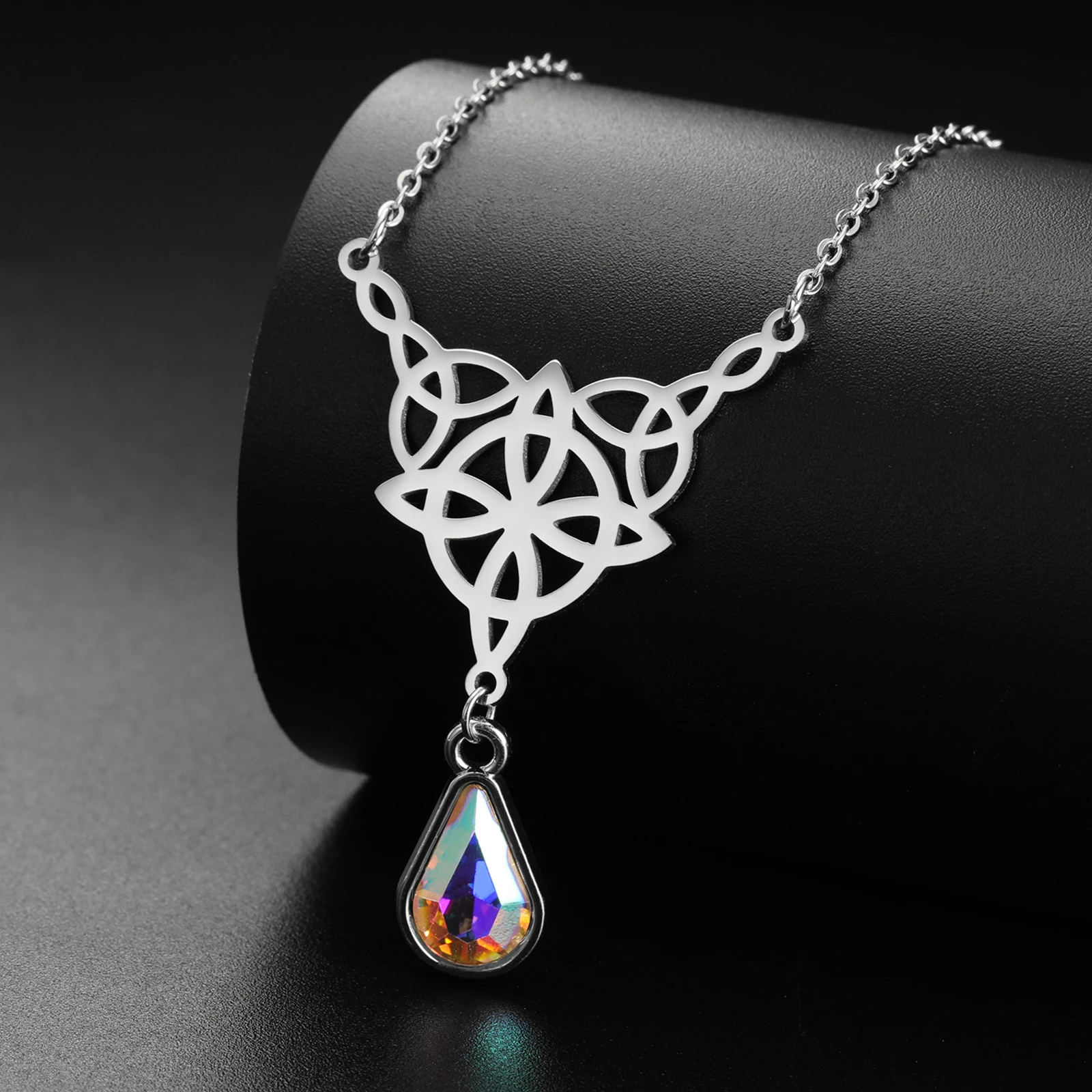 Teamer Vintage Irish Celtic Witch Knot Necklace Stainless Steel Crystal Water Drop Pendant Jewelry Women Valentine's Day Gifts