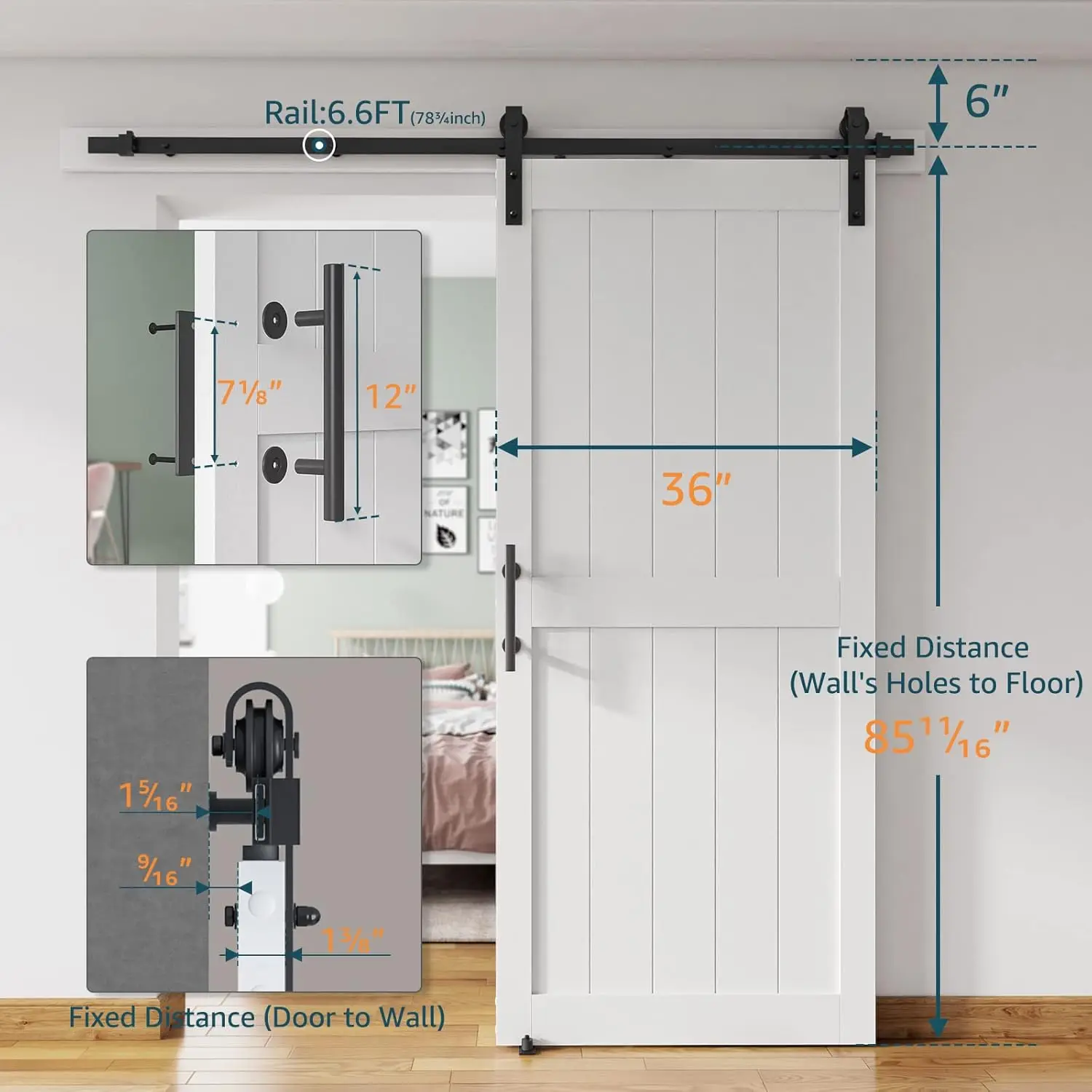 36''X84'' Sliding Barn Door With 6.6 Ft Barn Door Hardware Kit& Handle& Floor Guides,Pre-Drilled Holes Easy Assembly - Include