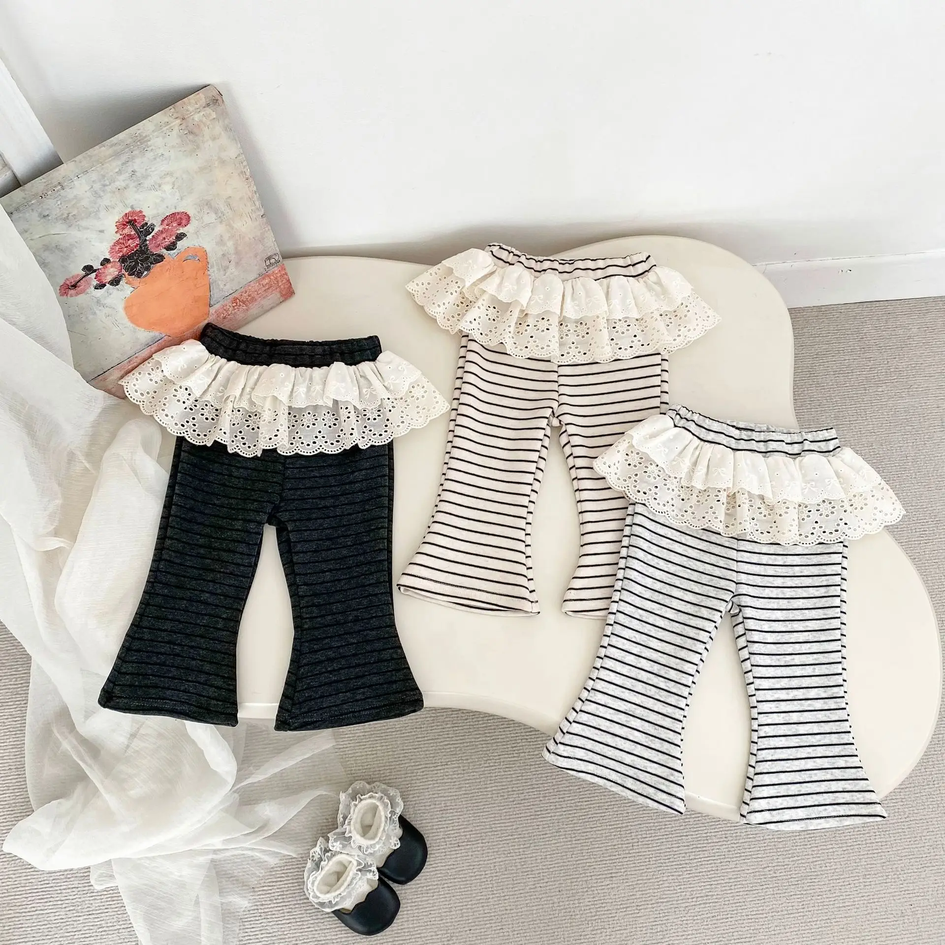 2026 New Fall Girls Flared Pants | Toddler Korean Striped Bootcut Trousers with Lace Butt Flap | Casual Comfy Long Pants