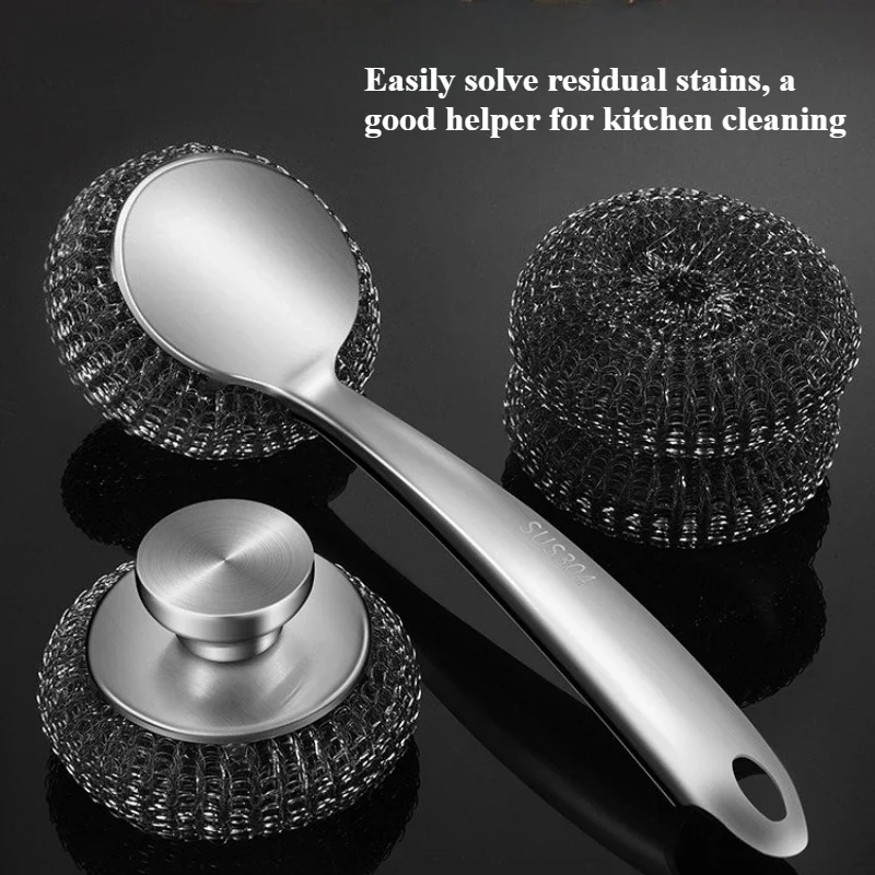 Detachable 304 Stainless Steel Multifunctional Long Handled Wire Brush and Spherical Cleaning Brush, Suitable for Home Kitchens