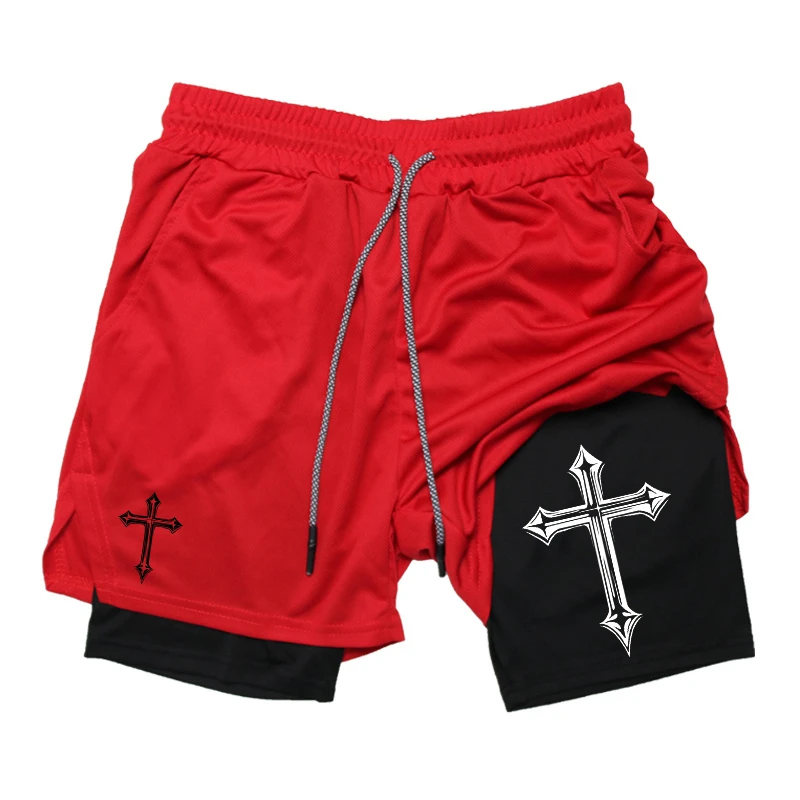

Cross print 2-in-1 men's fitness running shorts Christian Gym sports shorts with compression pad, phone pocket, towel ring