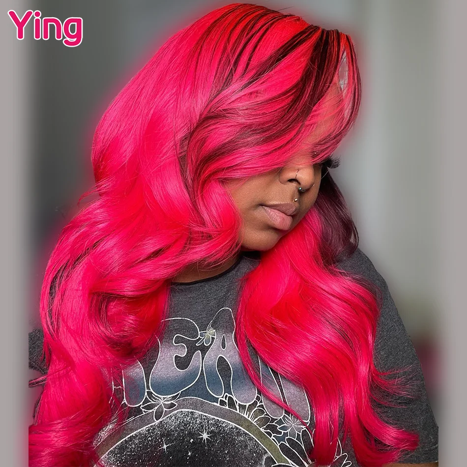 Ying cabelo rosa quente com preto colorido onda do corpo peruano remy 13x6 perucas dianteiras do laço loira 13x4 peruca frontal do laço pré-selecionado