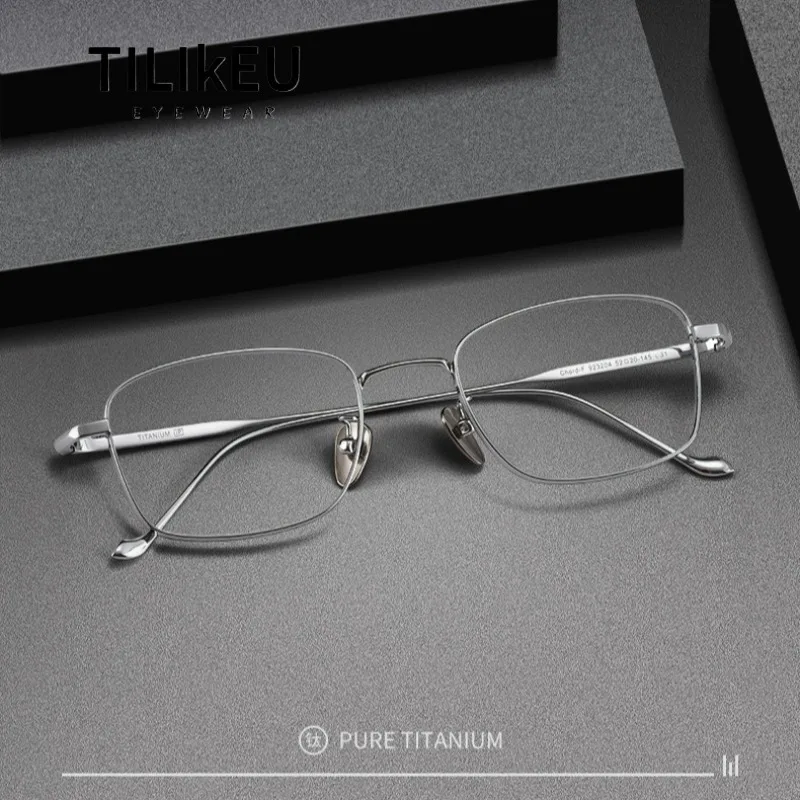 Japanese Designer Pure Titanium Eyeglasses Frame Only 9g Ultra-light Retro Rectangular Eyewear Wide Rim Myopia Men Glasses Frame