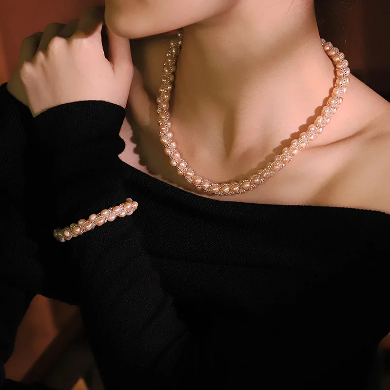 Fashion Minimalist Jewelry Set Natural Pearl Glass Necklace Bracelet Choker Women Versatile Fashion Accessory Elegant Party Gift