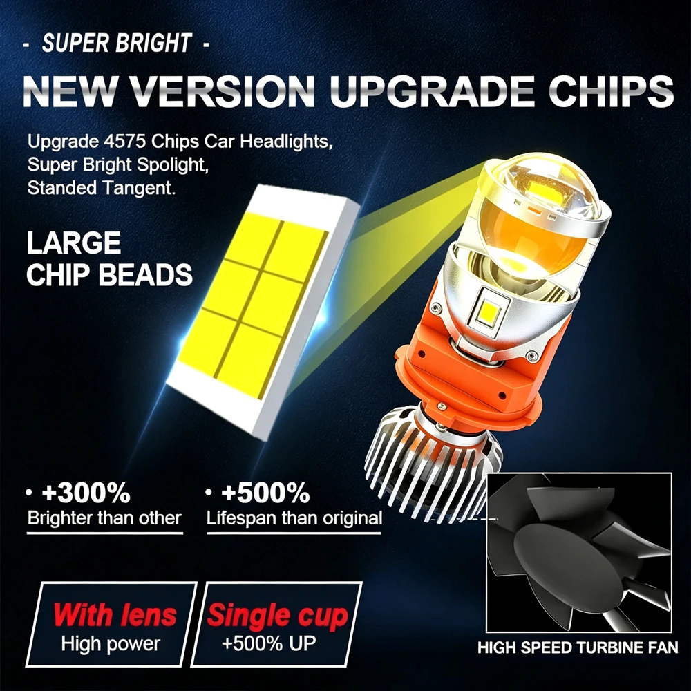 LED H4 Bi Mini LED Projector Lens Car Bulb Headlight Turbo Fan LED Lamp Low Beam 6000K Canbus Plug & Play For Car Motorcycle 12V