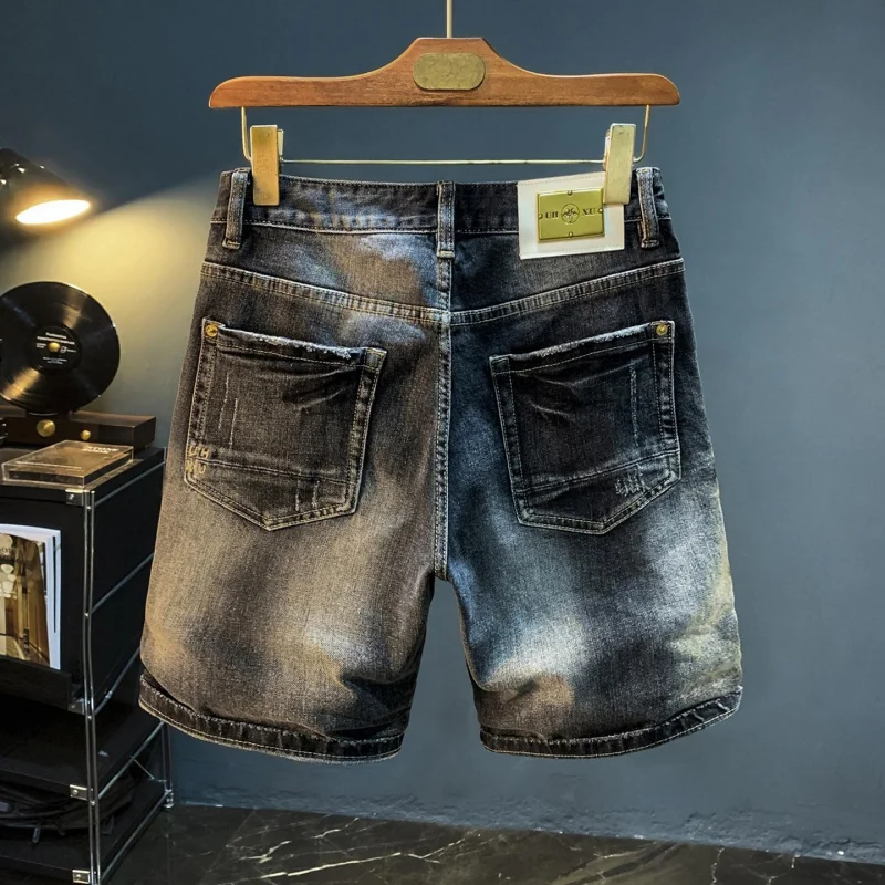 Black and gray denim shorts for men, summer trend 2026, vintage washed style, straight cut, slim, elastic, knee-length.