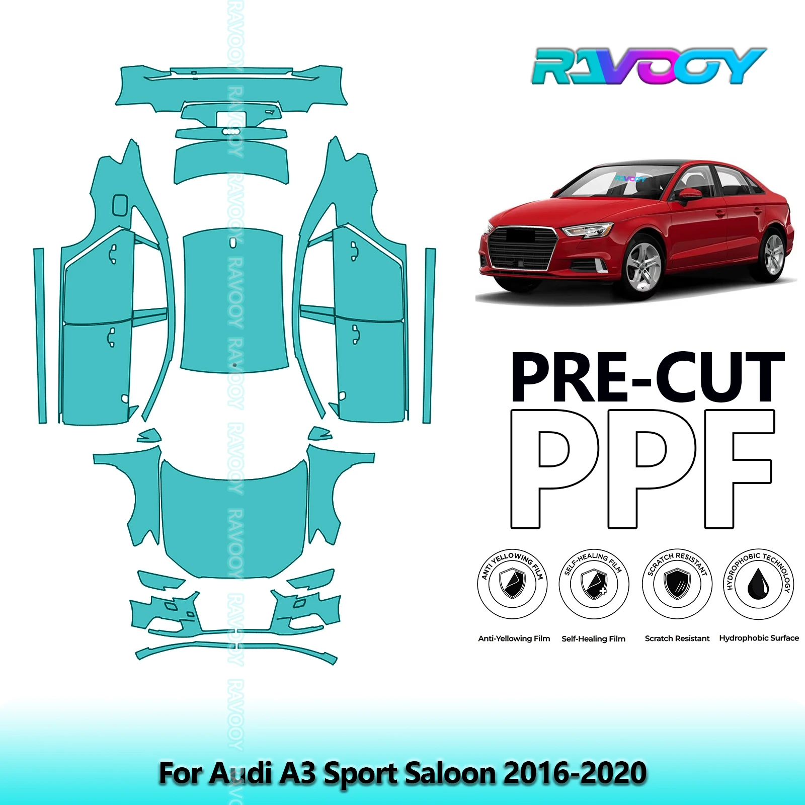 RAVOOY Custom-Fit Precut TPU PPF Full Vehicle Clear Bra Stone Guard EU UK For Audi A3 Sport Saloon 2016-2020