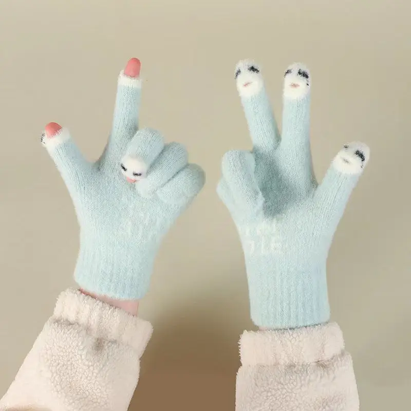 Cute Panda Fingertip Thicken Warm Gloves Women Girls Winter Knitted Fingerless Gloves Full Finger Mittens Outdoor Skiing Gloves