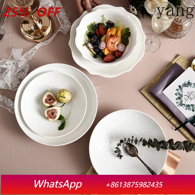 

LMM Creative Lace Ceramic Bowl Embossed Western Steak Plate Round Deep Plate for Home Use