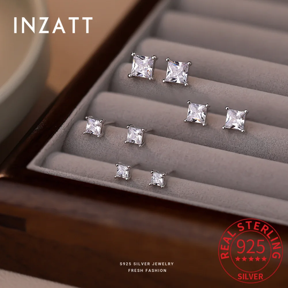 

INZATT Real 925 Sterling Silver 3/4/5/6MM Zircon Square Stud Earrings for Women Classic Fine Jewelry Light Luxury Accessories