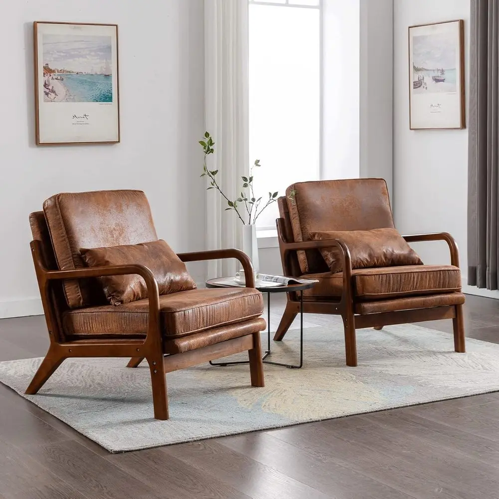 

Accent Chair Set of 2 Living Room - Comfy Solid Wood Arm Chair with Lumber Pillow Lounge Decorative Brown Leather Office Side Ch