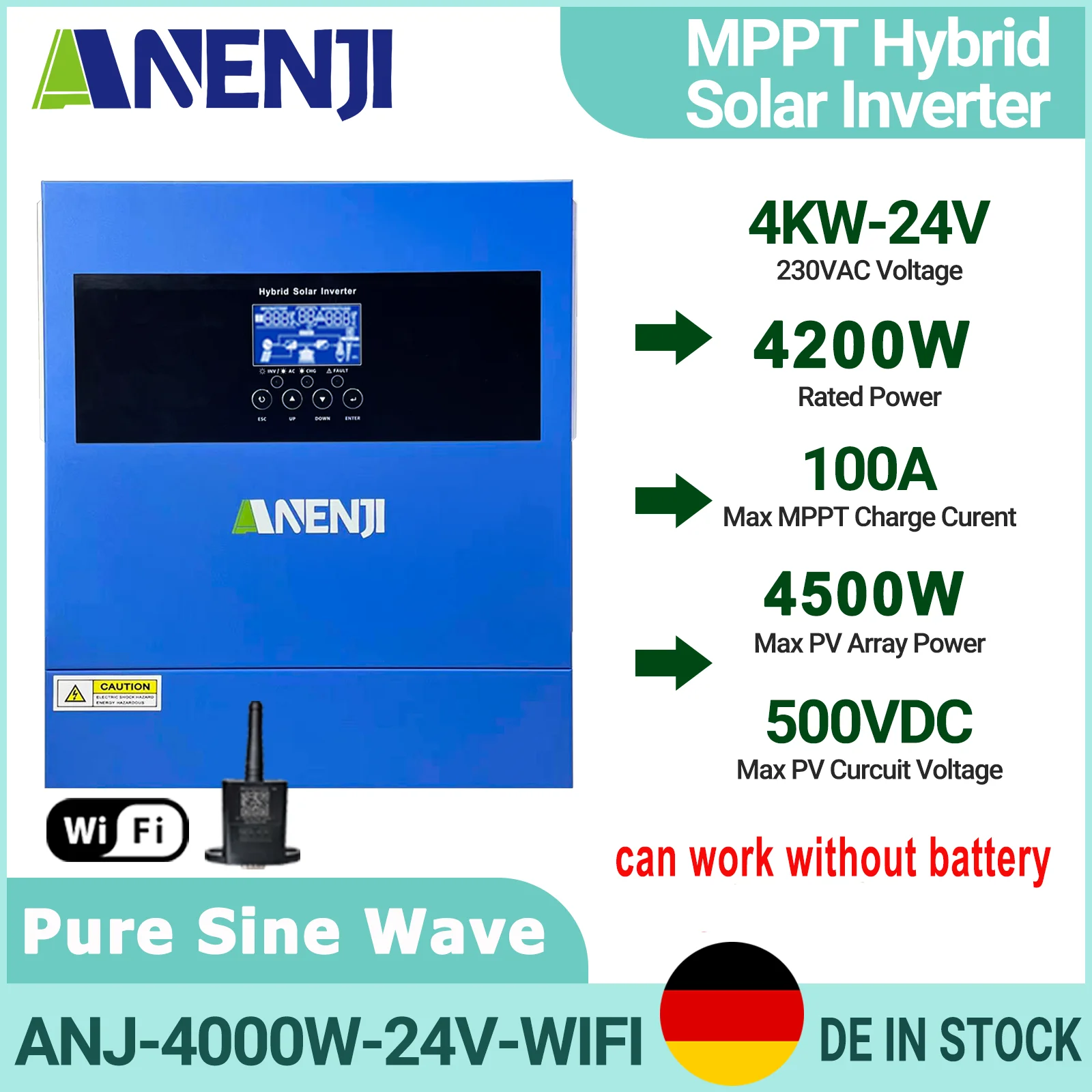 4KW MPPT Hybrid Solar Inverter Off Grid Inverter Pure Sine Wave Inversor 12V/24V MPPT 100A/60A Solar Charge Controller with WiFi