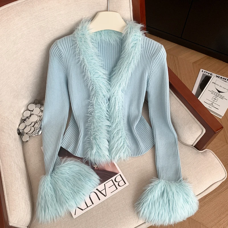 

Укороченный вязаный кардиган, женский модный лоскутный свитер из искусственного меха, верхняя одежда, корейский трикотаж на шнуровке с v-образным вырезом, зимние тонкие джемперы