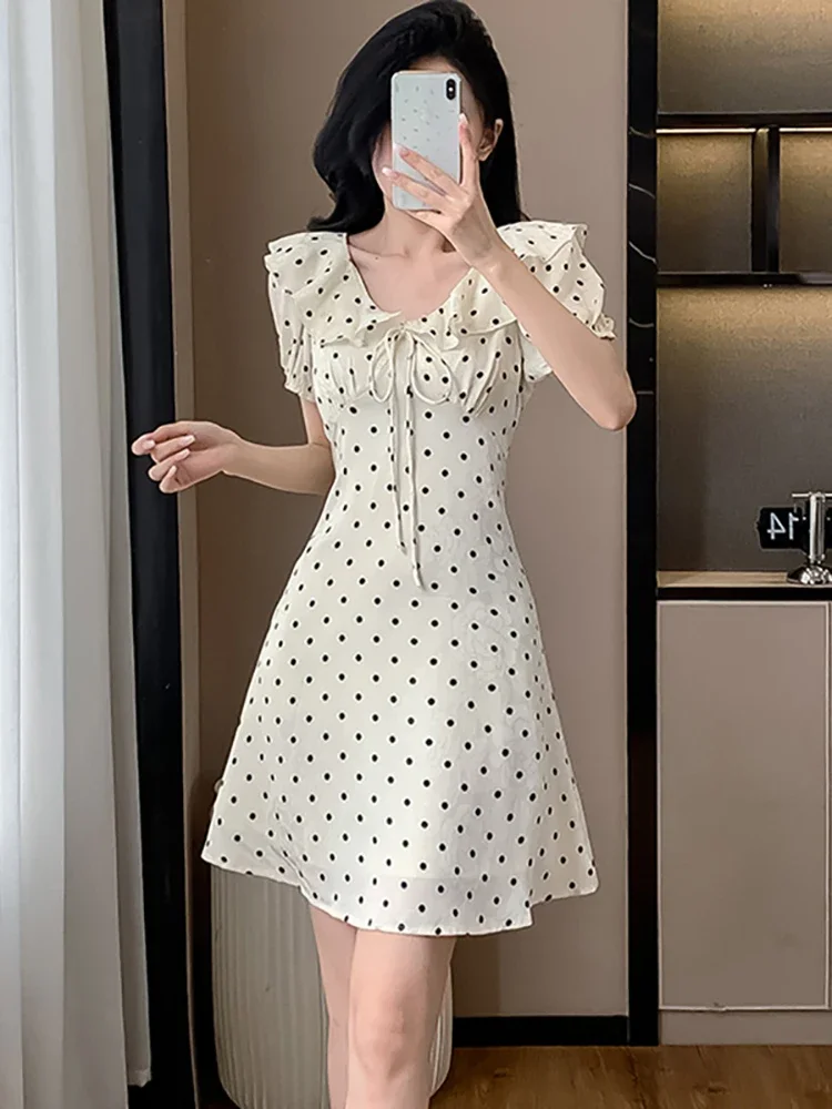 

Summer White Polka Dot Puff Sleeve Chic Bow Ruffled Collar Mini Dress Women Elegant Casual Home Dress 2025 Korean Bodycon Dress