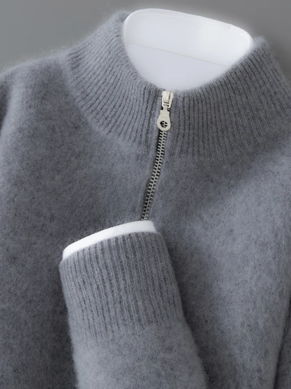 Pure Wool Zipper Knitted Sweater Men's Loose Long Sleeve High Collar Soft Versatile Autumn Winter New Style Inner Wear Base S...