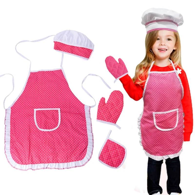 Girls Chef Role Play Costume Set Apron Chef Hat Baking Gloves Kids Cooking Dresses Pink Plaid Kitchen Play Costume 4PCS