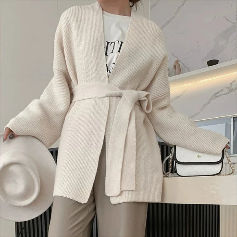 2026 Knitted Cardigan Sweaters Women Y2k Mid Length Jumpers Lace Up V Neck Long Sleeves Loose Fit Casual Office Lady Autumn