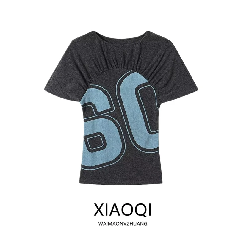Spring Summer 2026 New Women's Short Sleeve round Neck Pleated Digital Print T-Shirt Casual Slim Fit Comfortable Printed Top