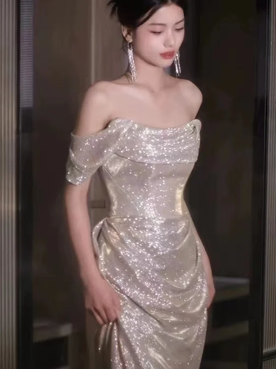 

Серебряное вечернее платье Ele на одно плечо для женщин, для свадеб, новогодних вечеринок, выступлений, длинное, с пайетками