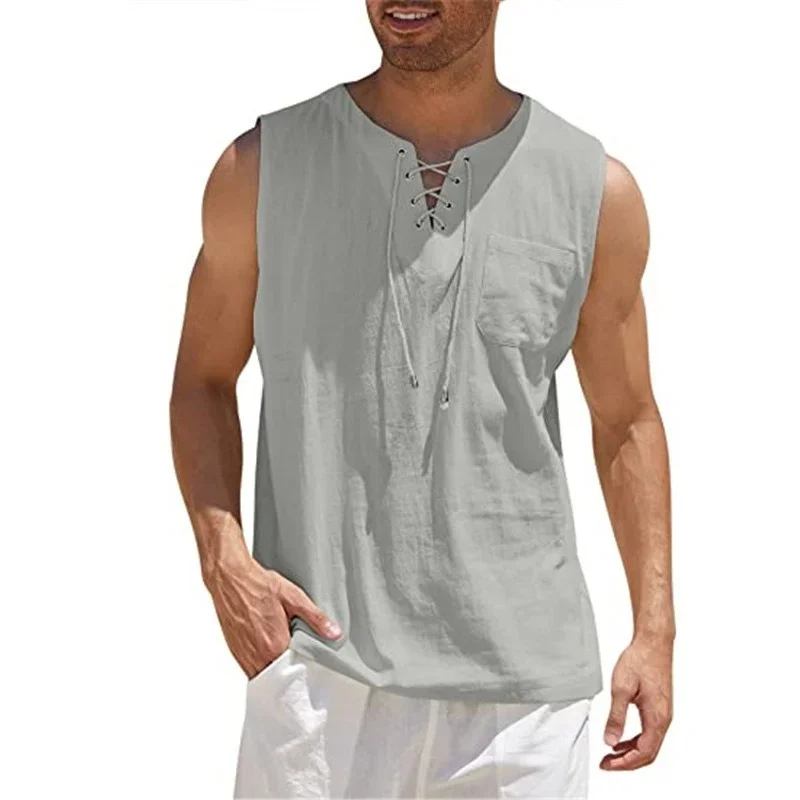 New Hot Selling Men\'s Tank Top Shirt Lace Up Fashion Solid Color Cotton Linen Short Sleeve T-Shirt