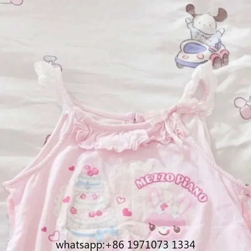 Japanese Kawaii Fairy Cute Bow Vest Y2k Aesthetic Lace Patchwork Sweet Ruffled Camisole Cartoon Printing Summer Grunge Tank Top