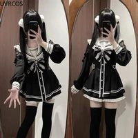 Japanese Style Gothic Y2k Lolita Bow Dress Shorts Set Women Vintage Sweet Long Sleeve Button Shirt Party Dresses Slim Mini Dress 4