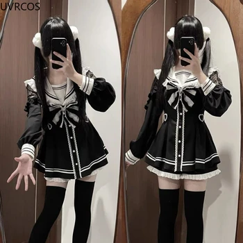 Japanese Style Gothic Y2k Lolita Bow Dress Shorts Set Women Vintage Sweet Long Sleeve Button Shirt Party Dresses Slim Mini Dress 4 Japanese Style Gothic Y2k Lolita Bow Dress Shorts Set Women Vintage Sweet Long Sleeve Button Shirt Party Dresses Slim Mini Dress 4