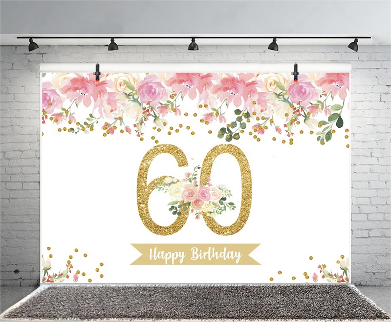 Pink 60th Photo Backdrop Sixty Women Men Happy Birthday Party 60 Years Old Flower Photograph Background Banner Decoration Prop