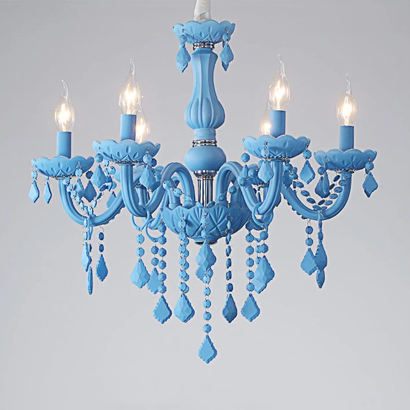 European Style Light Blue Crystal Droplight Macaron LED Pendant Lamp Children Room Kindergarten Dormitory Decorative Chandelier