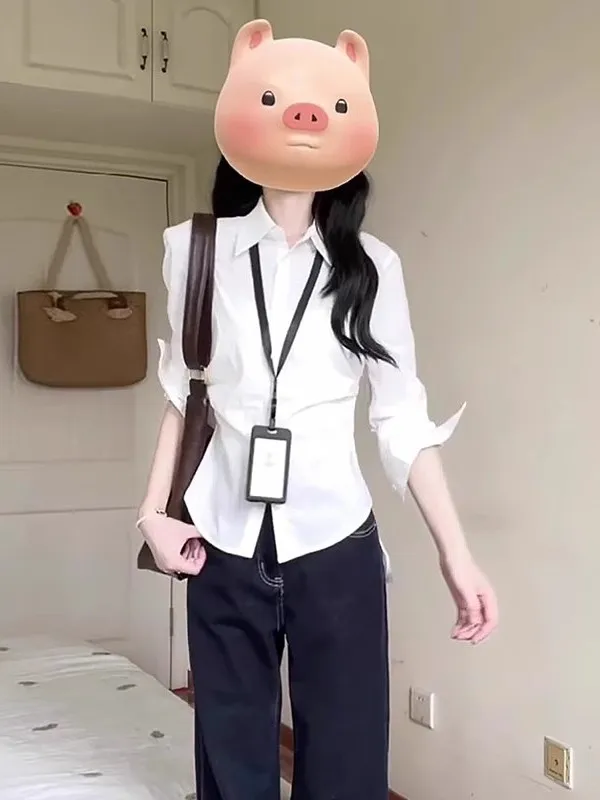 

Элегантная белая женская рубашка с длинным рукавом, приталенным силуэтом, в модном французском стиле, из полиэстера, укороченная, с воротником