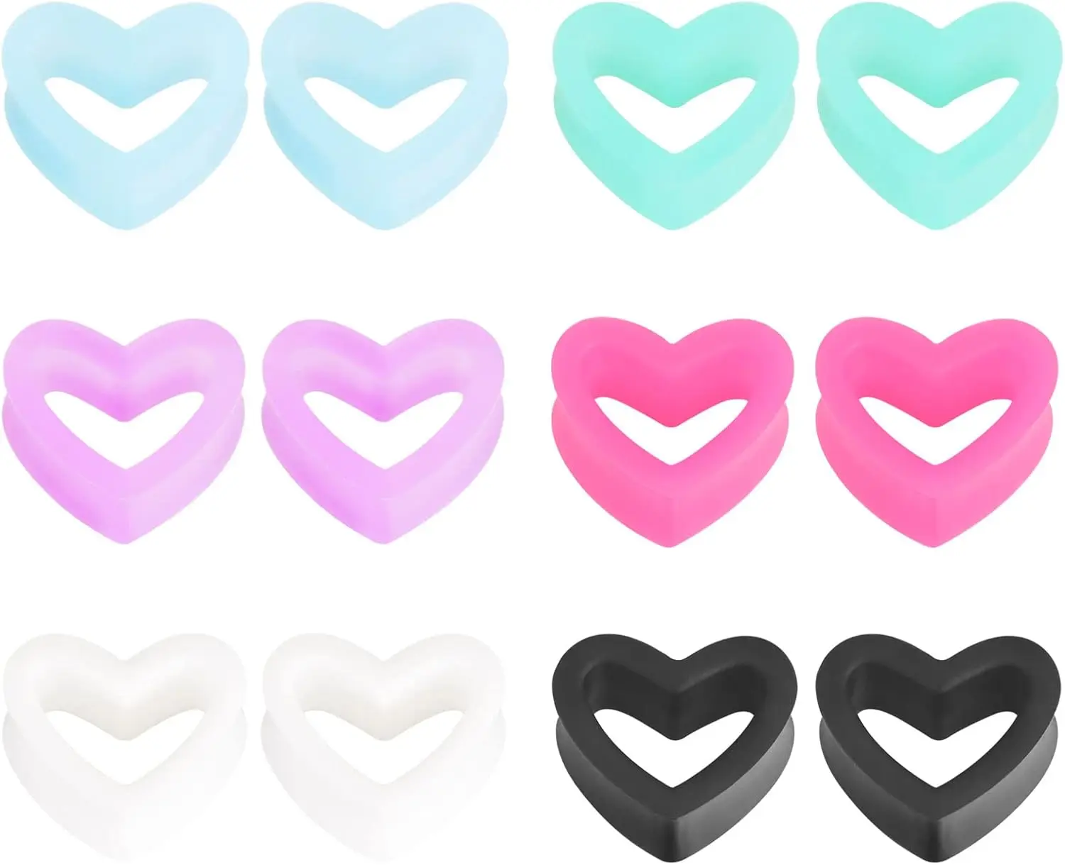 6 Pairs Heart Shape Silicone Tunnels Piercing Flexible Double Flared Ear Gauges 2g-1 inch