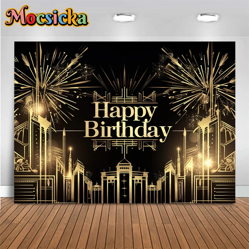Mocsicka Great Gatsby Backdrop Baby Shower Happy Birthday Background Photography Props Black Gold Geometric Patterns Party Decor