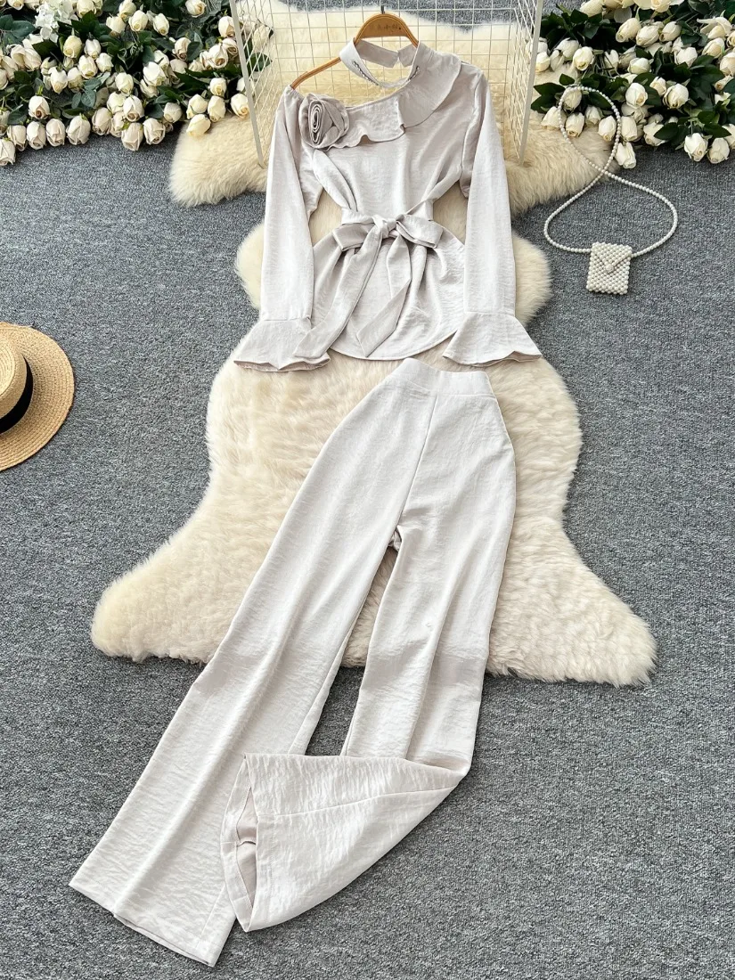 

Foamlina Womens Fashion 3D Floral Crop Top One Shoulder Blouse Long Sleeve Pants Set High Waisted Trouser 2 Piece Set Outerwear