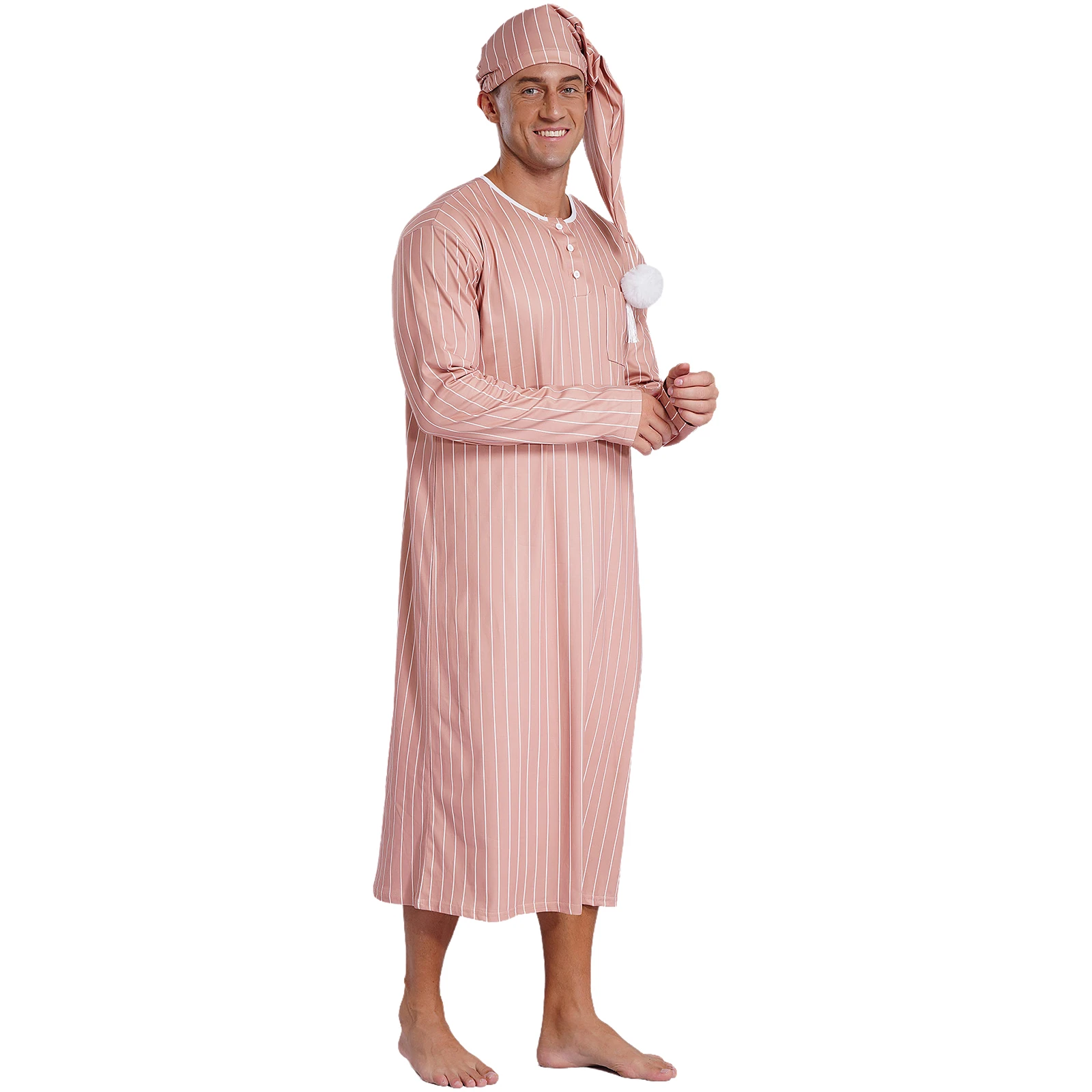 

Men Loose Sleep Robe Pajama Nightwear Long Sleeve Christmas Striped Night Dress with Pointed Hat +Candle Holder Candlestick Set