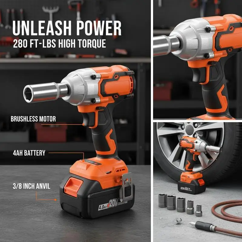 Battery Powered Bolt Gun 3/8 Inch For Vehicle Maintenance Machinery Repair Home DIY 380N·m Torque Brushless Motor 20V 4Ah Power Cell Rapid Charger 5 Sockets Belt Clip Carrying Case Included