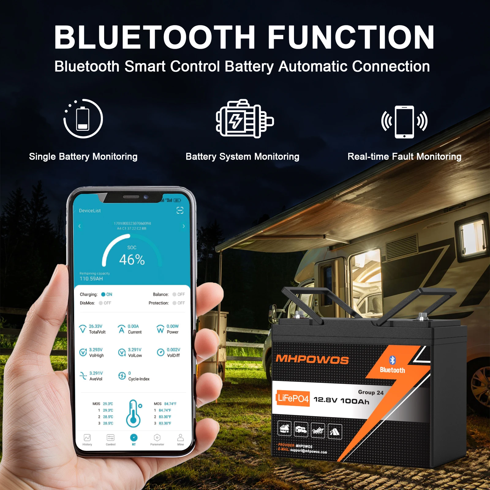 MHPOWOS LiFePO4 12V 100Ah Battery With BMS 15000 Cycles For RV/ Vans/ Camping/ Fishing/ Off Grid /Boat / Solar System