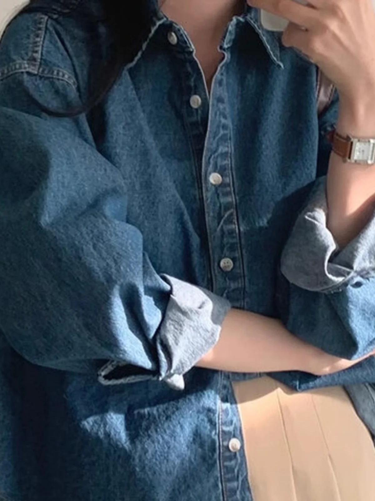 ゆったりカジュアルレディースデニムシャツヴィンテージ襟アウター韓国風早春ファッションデザインセンス長袖ピュアカラー