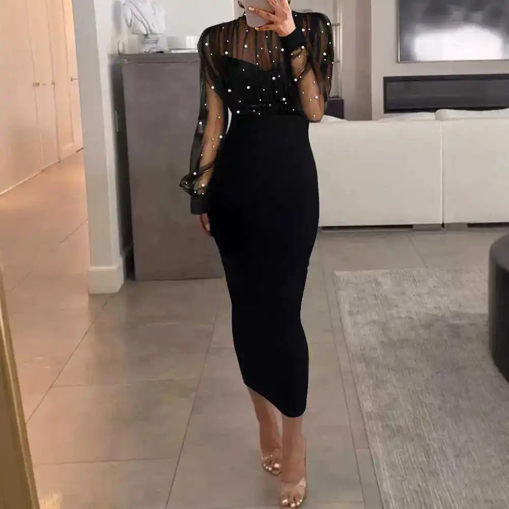 Ele Gentle Sle Long Sve Me เลื่อม Splice Bodycon Dr ผู้หญิงเซ็กซี่ Midi Dr ผ้าโพลีเอสเตอร์ All Seasons Wear